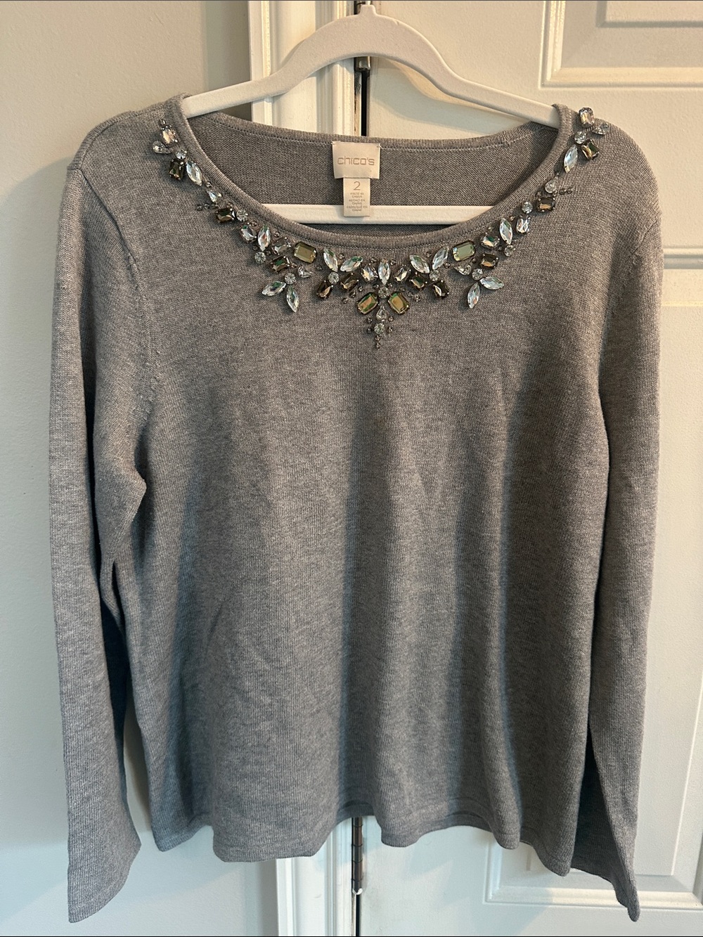 Chico's Gray Jeweled Scoop-Neck Knit Sweater